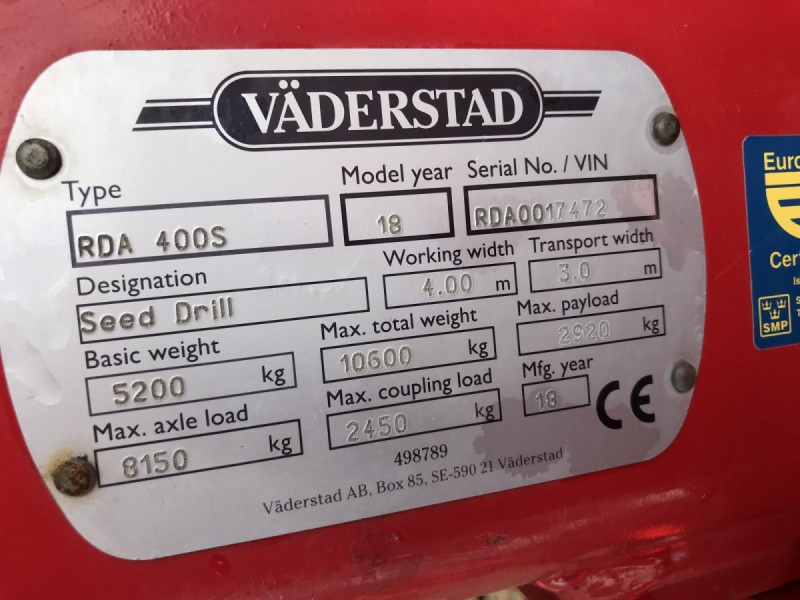 2018 Vaderstad  Rapid  RDA 400s